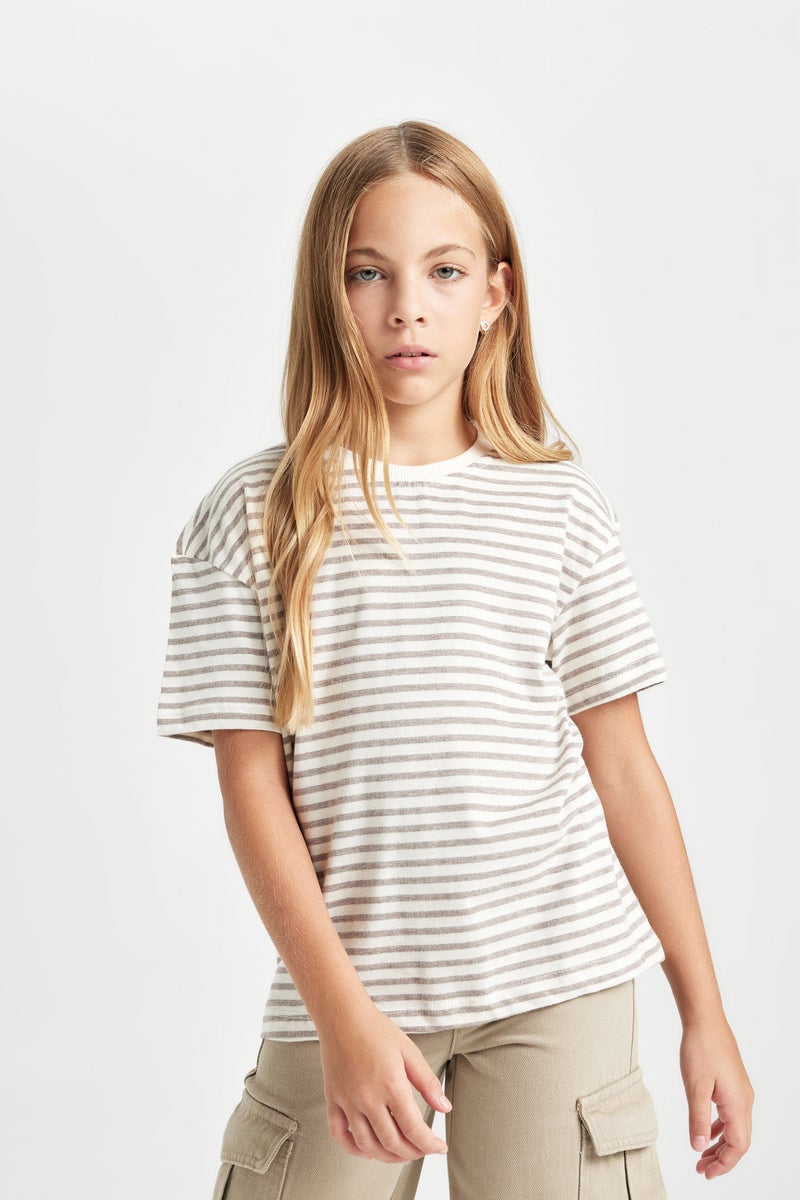 DeFacto Beige Girl Girl Relax Fit Crew Neck Striped School T-Shirt Casual - Image 5